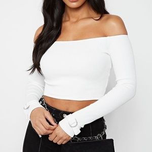 Bright white ribbed off the shoulder top